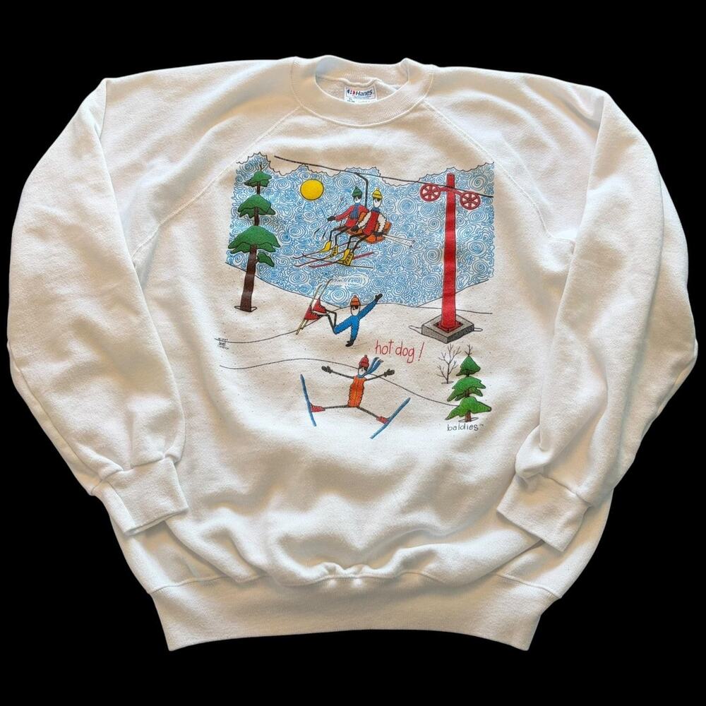 Vintage Hanes Sweatshirt Mens XL White Ski Hot Dog Baldies Graphic USA 80s